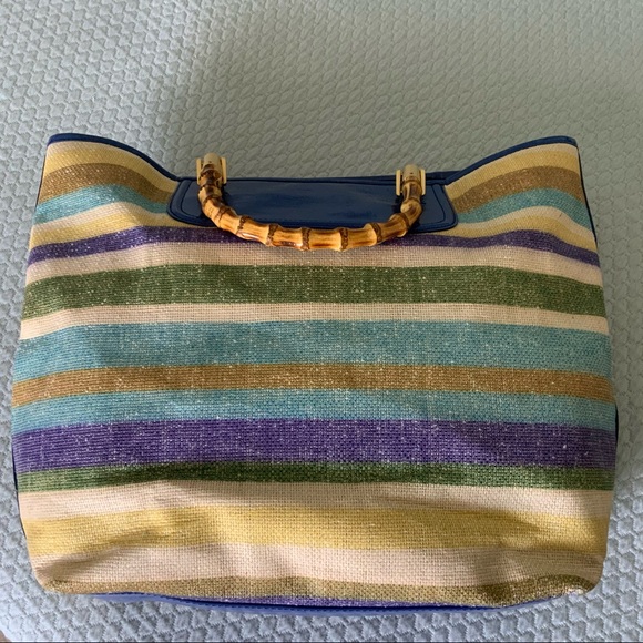 Talbots Woven/Striped tote bag w/bamboo handles - Picture 5 of 11